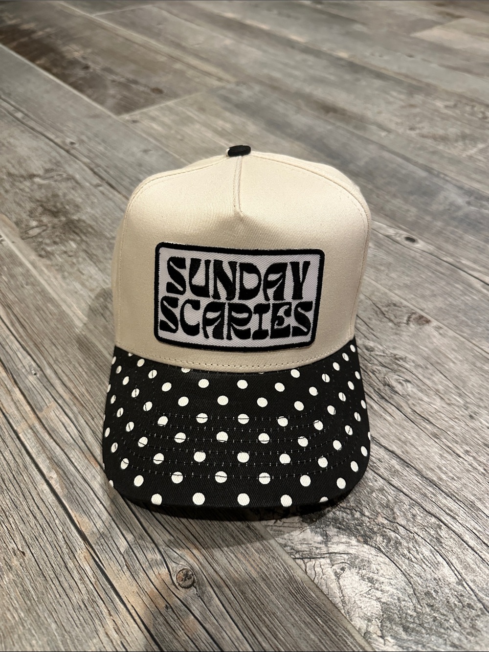 Kenz Kustomz Sunday Scaries Cream Black Polka Dot Trucker Hat NWT